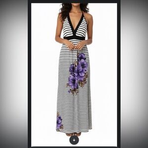En Focus Studio Striped & Floral Halter Maxi Dress - Size 14